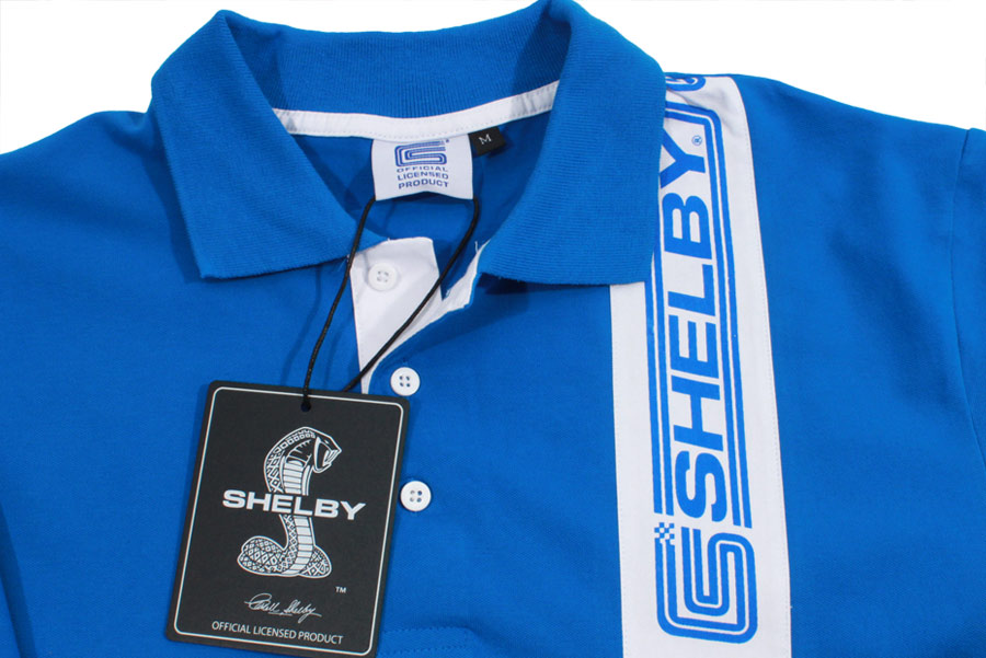 Poloshirt shelby blue white stripe print sturmberg amercan flag printed badge