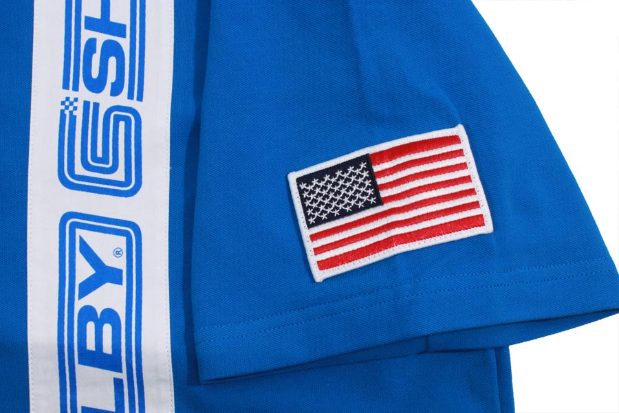 Poloshirt shelby blue white stripe print sturmberg amercan flag printed badge