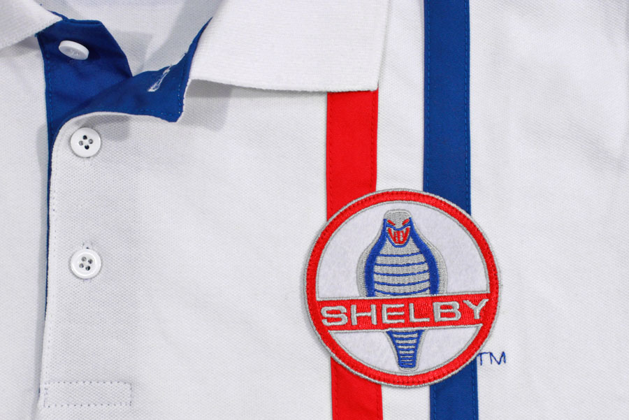 Poloshirt shelby white stripes red and blue printed badge embroidery