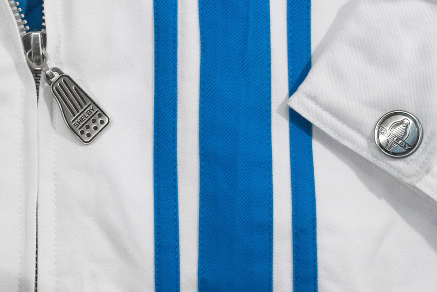 jacket jacke shelby white weiss stripes blue printed badge embroidery embossed buckel zipper woven label
